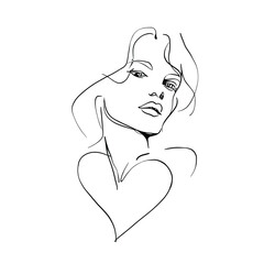 Elegant line art portrait of a fashionable woman with expressive features and flowing hair, ideal for fashion design, posters, logos, and creative projects
