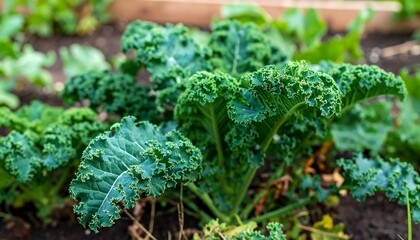 Close-up of vibrant green kale growing in a garden bed, showcasing its textured leaves and healthy growth.