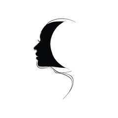 Abstract line art of a woman’s face combined with a crescent moon, perfect for mystical, spiritual, tattoo, fashion, and creative design projects