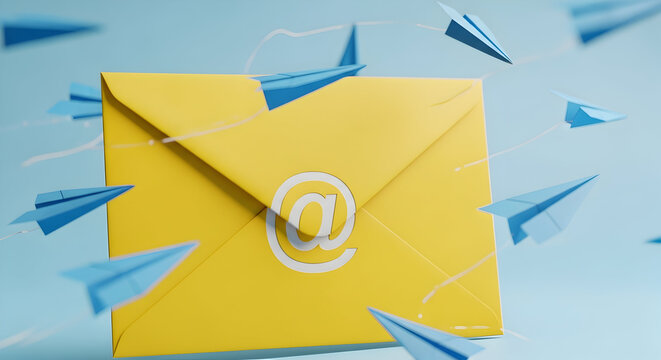 Email marketing concept with paper airplanes flying toward a yellow envelope with the at symbol