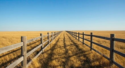 Fototapeta premium Tranquil Prairie Horizon Defined by a Rustic Wooden Fence