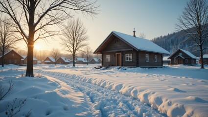 Snowy Winter Scene with Rustic Log Cabin at Sunrise Surrounded by Serene Snow-Covered Landscape