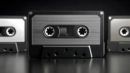 Obraz premium Vintage Cassette Tape on Display Against a Dark Background with a Reflective Surface