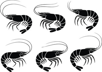 Shrimp silhouette vector illustration, seafood prawn graphic design, marine animal clipart, fishing shrimp icon, ocean food element, crustacean seafood symbol art
