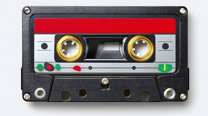Obraz premium Vintage Audio Cassette Tape with Colorful Buttons and Metallic Elements on White Background