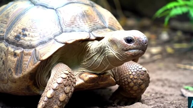 A large tortoise with a textured shell walks across dry, earthy ground with scattered leaves and green foliage in the background