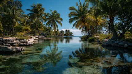 Obraz premium Serene Tropical Landscape with Calm Water and Lush Palm Trees