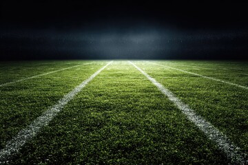 Obraz premium Nighttime view of a football field illuminated by stadium lights, showcasing yard lines and lush green grass under a dark sky
