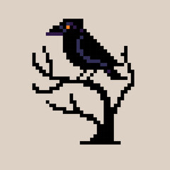 Pixel Art Spooky Black Crow Halloween llustration