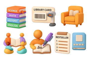 Colorful 3d education and library icons set with books and people