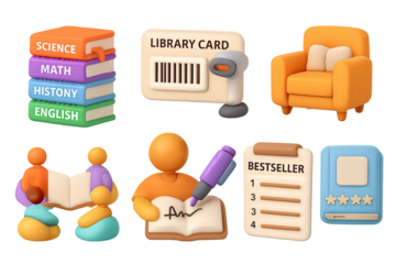 Colorful 3d education and library icons set with books and people