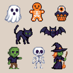 Pixel Art  Halloween Retro Collection Of Spooky Objects