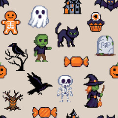 Pixel Art  Halloween Seamless Pattern Retro Spooky Objects