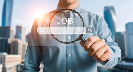 Man searching for job opportunities using magnifying glass with city skyline background