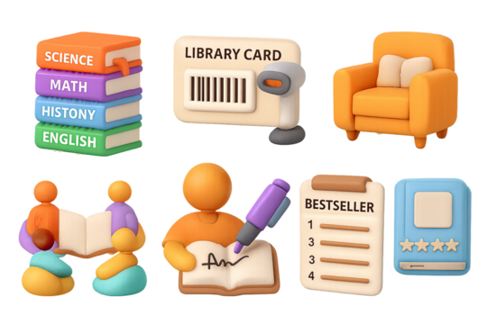 Colorful 3d education and library icons set with books and people