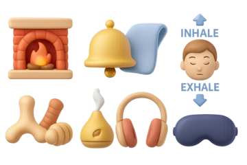 Cozy 3d icons for relaxation and meditation featuring fireplace and headphones