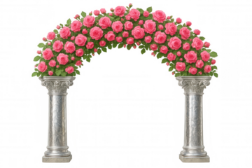 Silver columns framing pink rose arch, elegant wedding backdrop highlighting romantic floral arrangement with delicate transparent setting