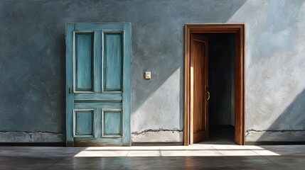 Interior View of a Room Featuring Blue Door and Open Wooden Door with Natural Light Streaming In