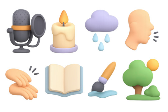Colorful 3d icons: microphone, candle, cloud, profile, hands, book, paintbrus…