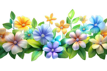 Fototapeta premium Colorful floral border. Lush, vibrant flowers and leaves in pastel colors