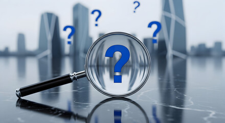 Magnifying glass revealing a question mark with city buildings, searching for answers and solutions