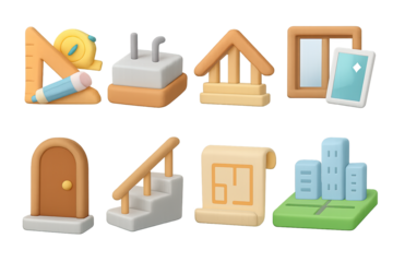 Digital construction icons set in 3d style for architecture and design