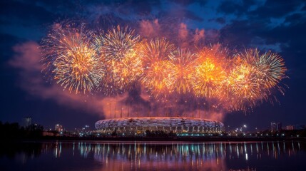 Fireworks burst above a modern stadium, creating a dazzling nighttime display.