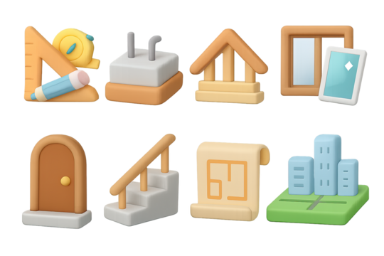 Digital construction icons set in 3d style for architecture and design