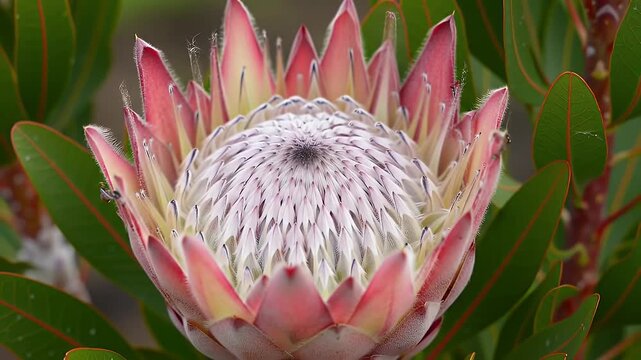 A macro shot of a King Protea flower with pink petals and green foliage in soft focus
