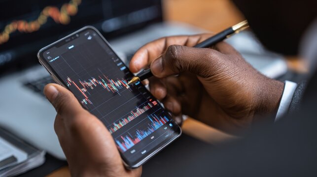 Investor analyzes stock market charts on phone at night, with tablet on desk
