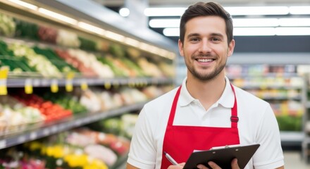 Smiling supermarket employee stands in front of the produce section