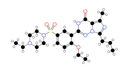 vardenafil molecule, structural chemical formula, ball-and-stick model, isolated image pde5 inhibitor