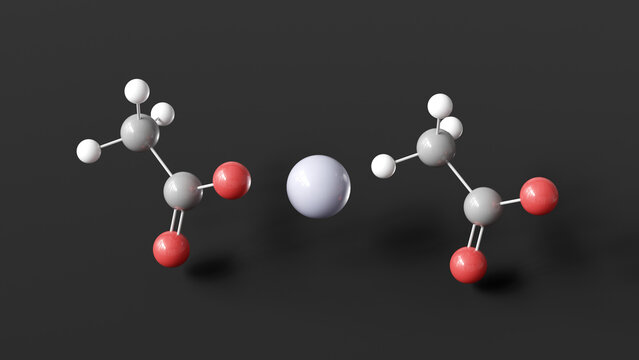 zinc acetate molecule 3d, molecular structure, ball and stick model, structural chemical formula e650