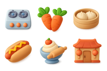 Cute 3d food icons: stove, carrots, dumplings, hotdog, cupcake, and house