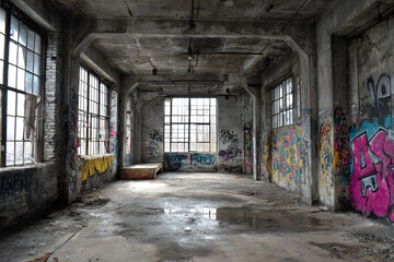 Urban exploration in abandoned factory with graffiti art and bright natural light streaming through windows