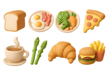 Colorful 3d stylized food icons: breakfast, vegetables, fast food, and beverages
