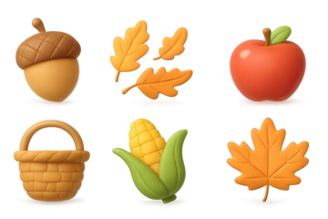 Autumn harvest 3d icons: acorn, leaf, apple, basket, corn, maple
