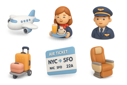 Cute 3d airline and travel icons featuring pilot, stewardess, plane, and luggage