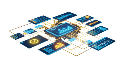 Abstract digital technology concept with interconnected screens displaying data and charts, isolated on transparent background