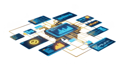 Abstract digital technology concept with interconnected screens displaying data and charts, isolated on transparent background
