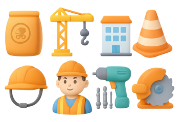 Construction icons set: 3d tool and equipment collection for builders