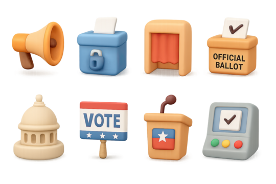 3d icons for election and voting with ballot box and voting booth