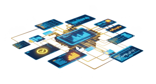 Abstract digital technology concept with interconnected screens displaying data and charts, isolated on transparent background - Powered by Adobe