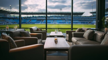 A luxurious lounge provides a breathtaking view of the stadium and the sports field.