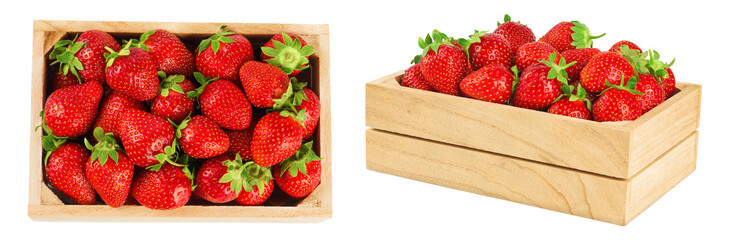 Strawberry in a wooden box isolated on white background, Top view. Flat lay.