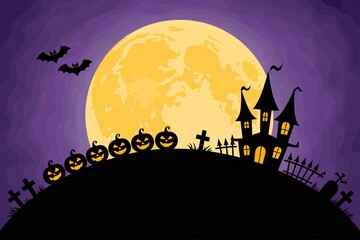 Halloween night background with haunted house full moon pumpkins bats and hand lettering.
