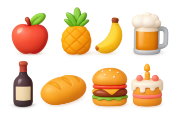 3d cartoon style food and drink icons featuring fruits, bread, burger, cake,…