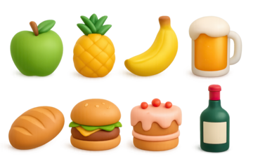 3d food icons collection with fruits, drinks, and snacks