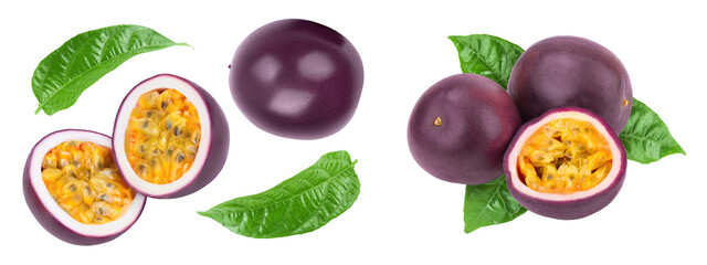 passion fruits and a half with leaves isolated on white background. Isolated maracuya. Top view. Flat lay