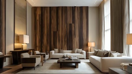 Elegant drawing room interior featuring vertical wood cladding on one wall and a seamless wooden floor, furnished with neutral tones